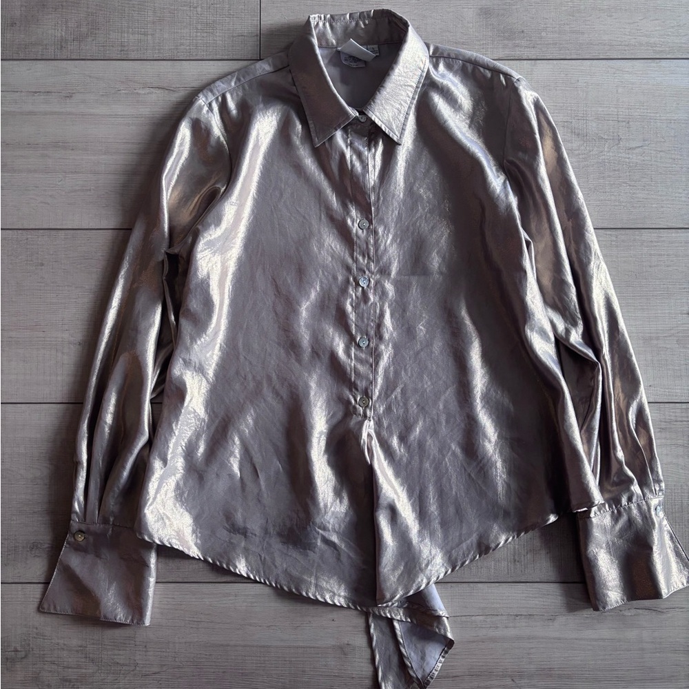 Finley Metallic Bronze Long Sleeve Button-Up Luxe Statement Blouse Size L